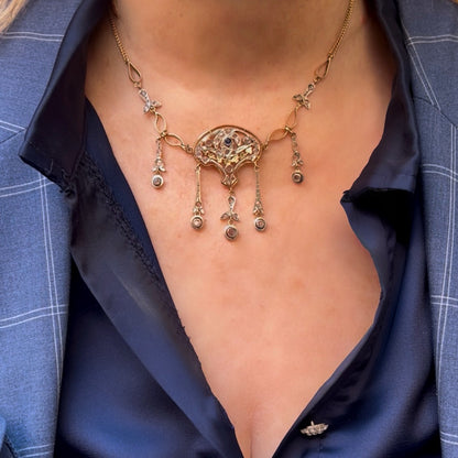 Collier Art Nouveau in oro 9 carati e argento con diamanti a taglio rosa e zaffiro centrale