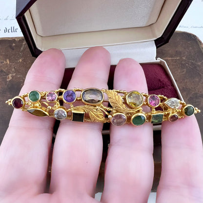 Spilla vintage fiorentina in oro 18 carati con gemme policrome