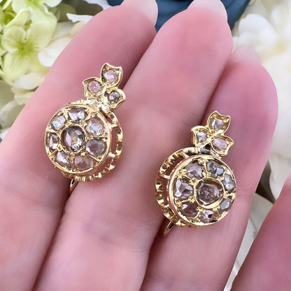 Orecchini antichi a margherita e trifogli i oro giallo 18k e diamanti taglio rosetta