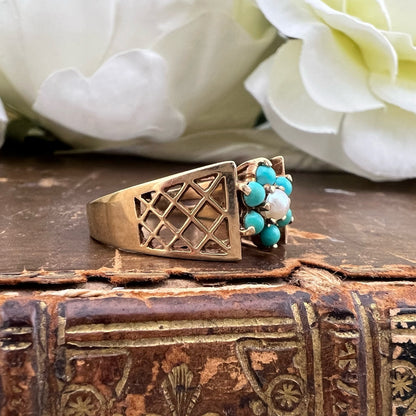 Anello Fiore in Oro Giallo con Turchesi e Perla – Birmingham 1972