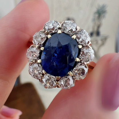 Anello Margherita Belle Époque con Zaffiro Naturale e Diamanti Old Mine | Fine XIX - Inizio XX secolo