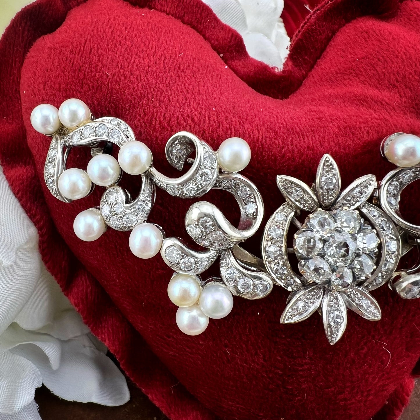 Pendente, diadema, spilla in oro 18 k diamanti old mine, perle - gioiello trasformabile anni ‘30