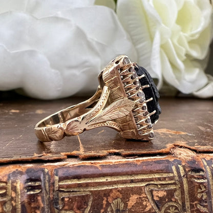 Parure ottocentesca veneziana con Moretti in materiale lapideo e diamanti a rosetta. Oro 18 ct