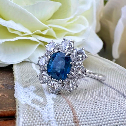 Anello margherita zaffiro Ceylon e diamanti VS - GH