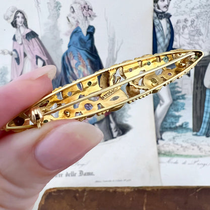 Spilla vintage fiorentina in oro 18 carati con gemme policrome