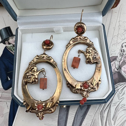 Orecchini Borbonici con Putto e Coralli — Modello Rarissimo, Regno delle Due Sicilie, metà ‘800