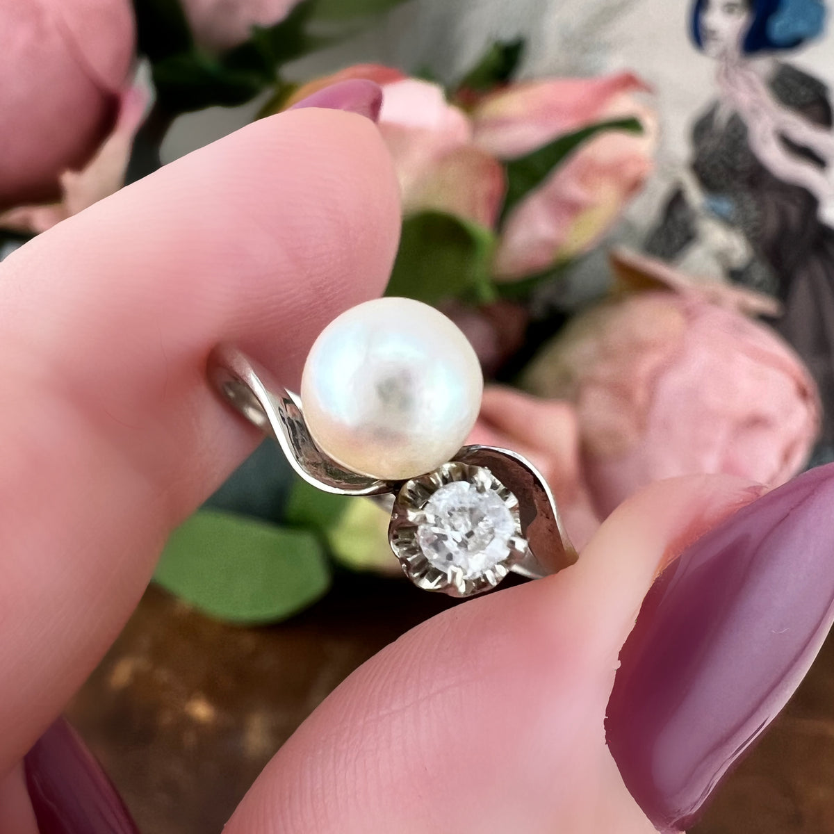 Anello toi et moi con perla e diamante, oro 18k e perla. Anni ‘50