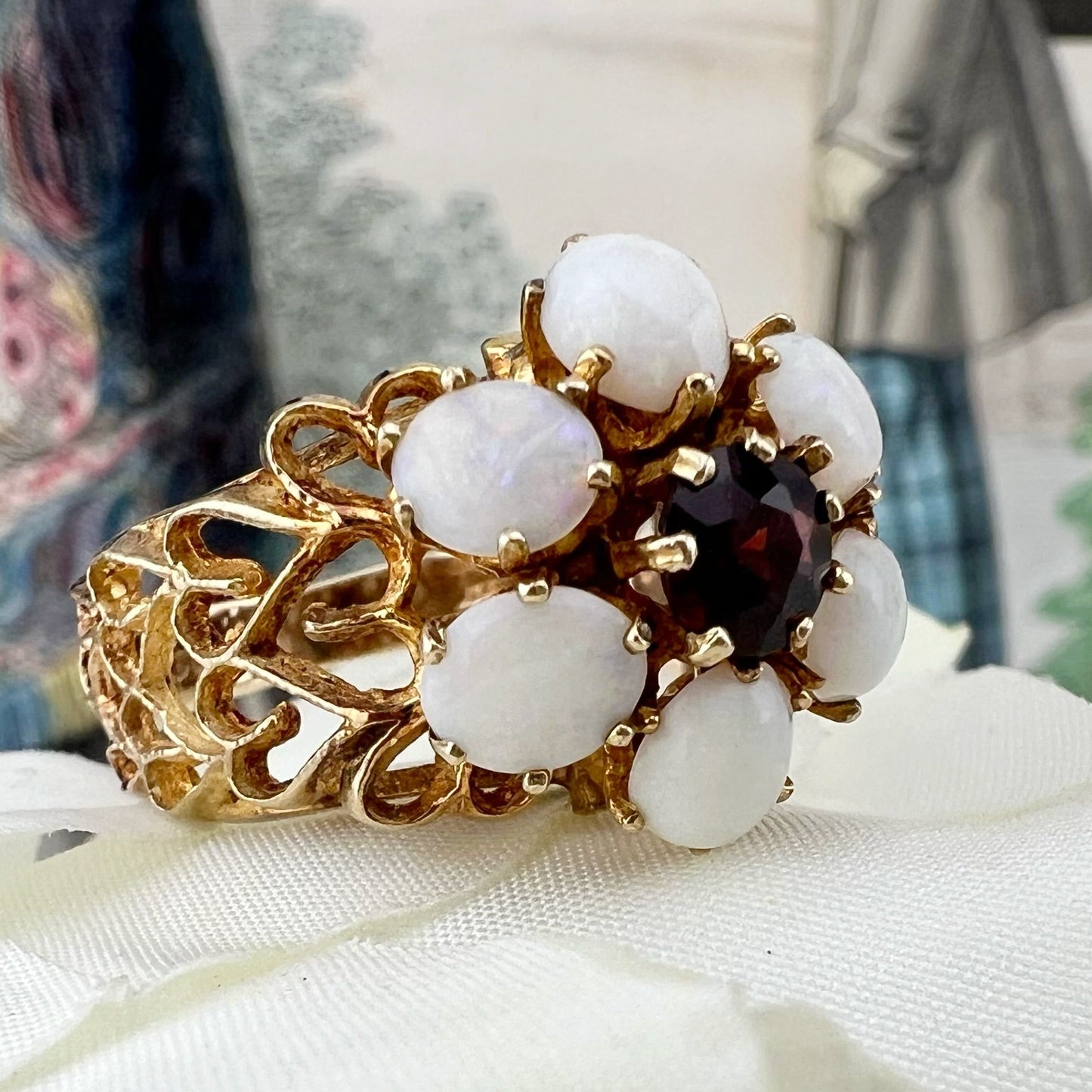 Anello vintage a fiore in oro 9 ct opali e granato – Londra 1973