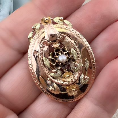 Pendente/spilla borbonico in oro giallo e rosa 18k con perlina centrale – Italia preunitaria, metà XIX secolo