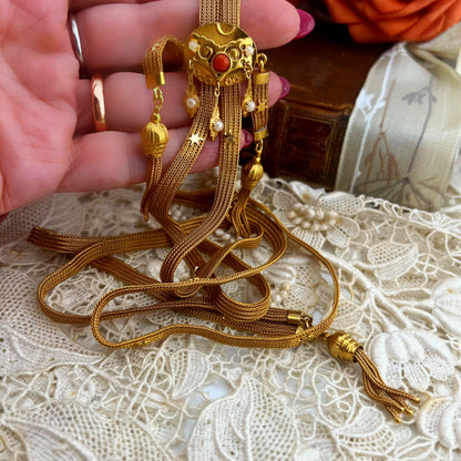 Collana saliscendi in oro con corallo e perline Belle Époque