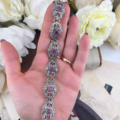Bracciale con rubini e diamanti a rosetta in oro 18 ct e argento