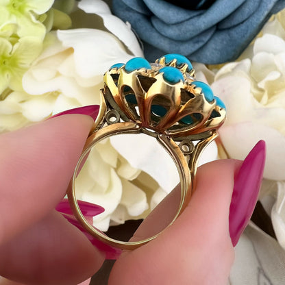 Grande anello a grappolo “Cluster” vittoriano con turchesi cabochon e diamanti “a notte”