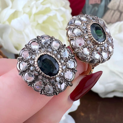 Orecchini margherita in oro/argento con zaffiri verde-blu teal e diamanti