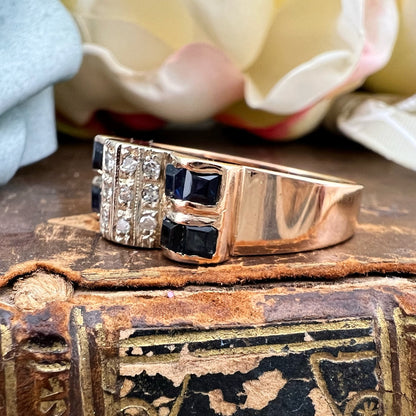 Anello a ponte con zaffiri e diamanti in oro 18 k