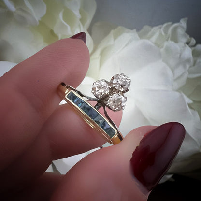 Anello “Memoria di Due Epoche” – Oro bianco e giallo 9 ct, Diamanti Old Mine e Zaffiri naturali