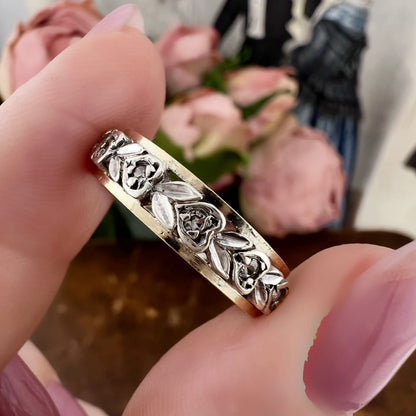 Anello eternity vintage con diamanti a rosetta in oro 9 carati e argento
