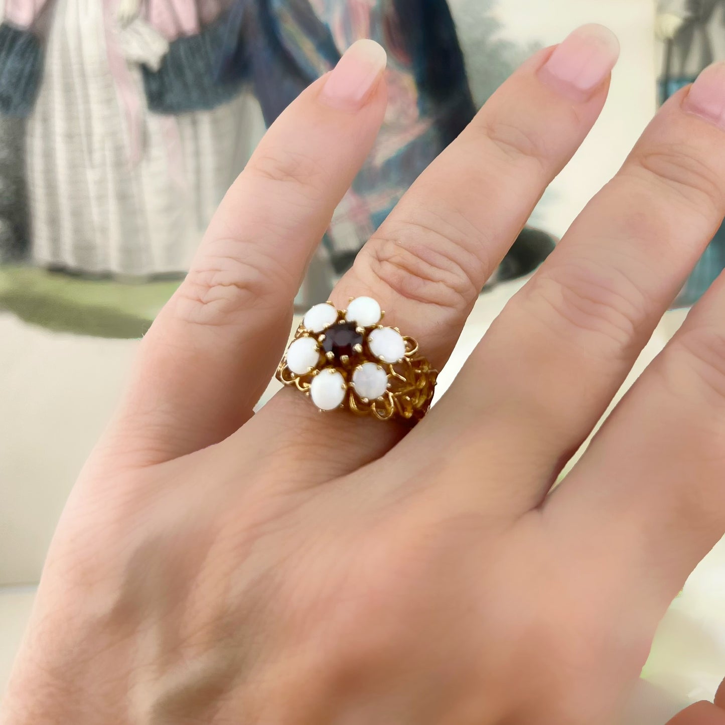 Anello vintage a fiore in oro 9 ct opali e granato – Londra 1973
