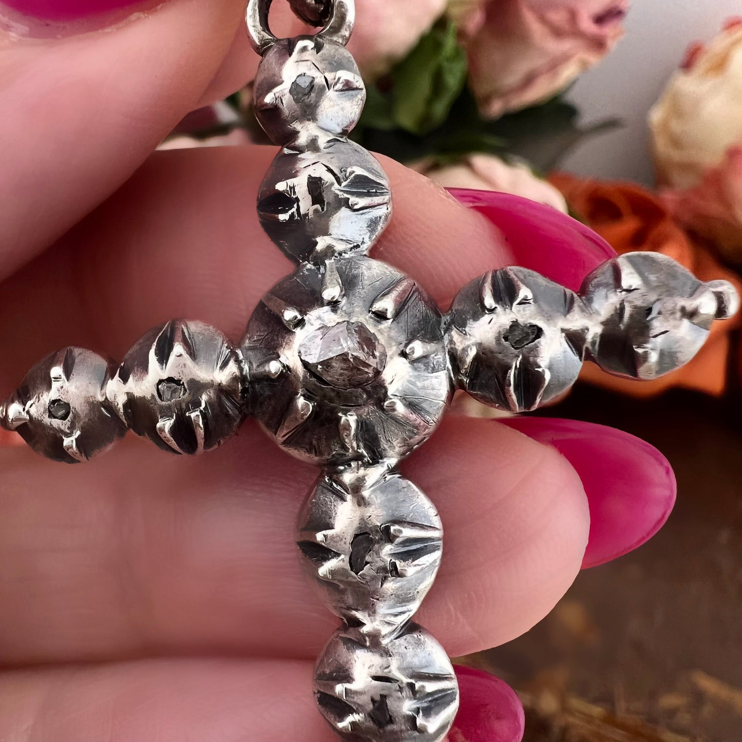 Croce Arlésienne in diamanti, argento e oro con gancio originale