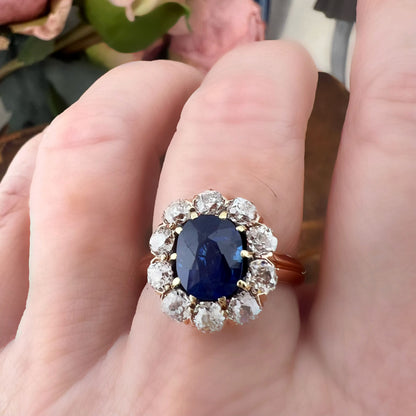 Anello Margherita Belle Époque con Zaffiro Naturale e Diamanti Old Mine | Fine XIX - Inizio XX secolo