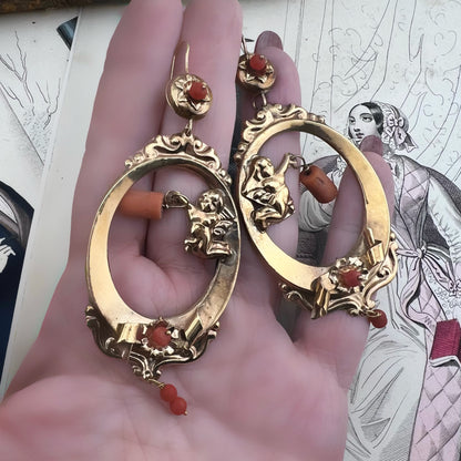 Orecchini Borbonici con Putto e Coralli — Modello Rarissimo, Regno delle Due Sicilie, metà ‘800