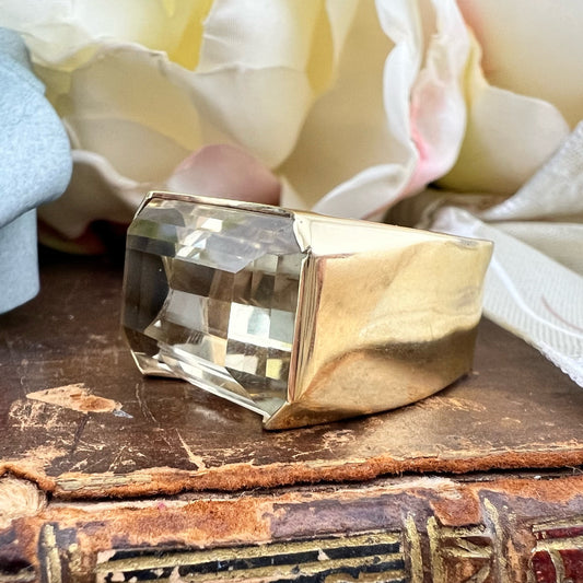 Anello Cocktail anni ’70 in oro 14k con grande citrino taglio smeraldo