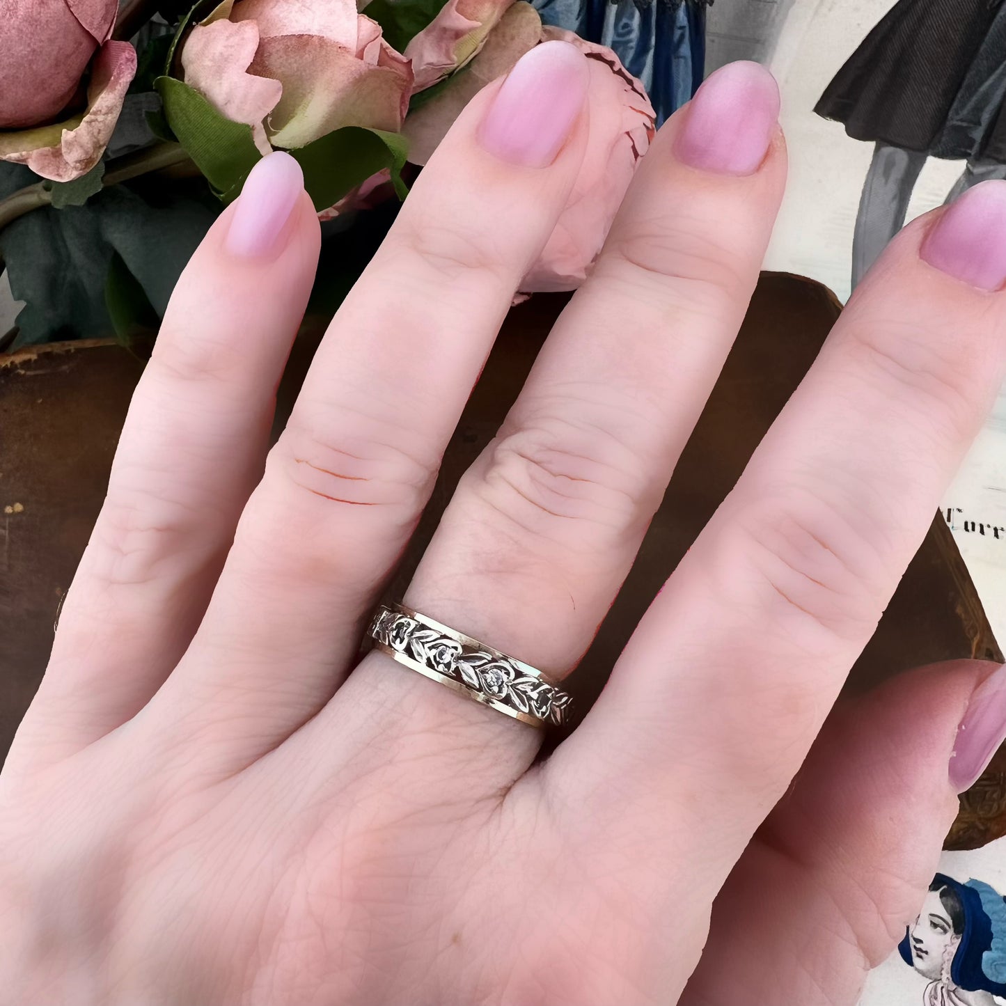 Anello eternity vintage con diamanti a rosetta in oro 9 carati e argento