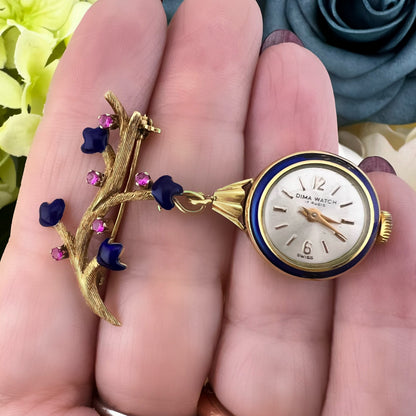 Orologino (brooch watch) in oro 18k rubini e smalti. Italia 1950-60