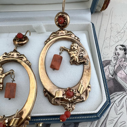 Orecchini Borbonici con Putto e Coralli — Modello Rarissimo, Regno delle Due Sicilie, metà ‘800