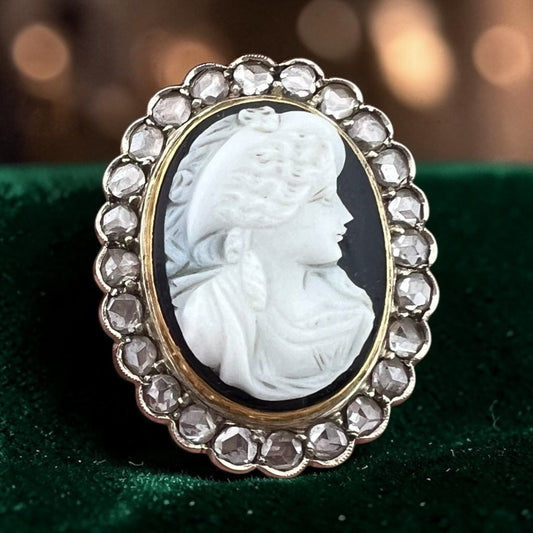Spilla Cammeo Vittoriano in onice e diamanti - Oro 18K