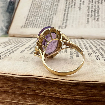Anello vintage in oro 14k con ametista e diamanti