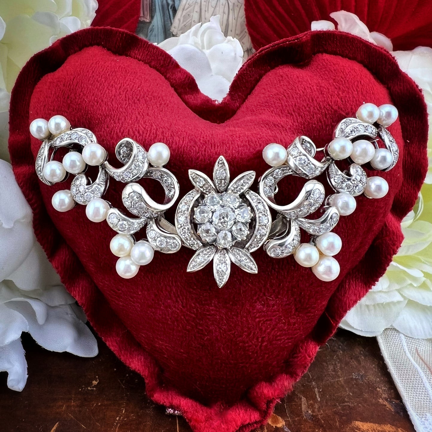 Pendente, diadema, spilla in oro 18 k diamanti old mine, perle - gioiello trasformabile anni ‘30