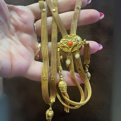 Collana saliscendi in oro con corallo e perline Belle Époque