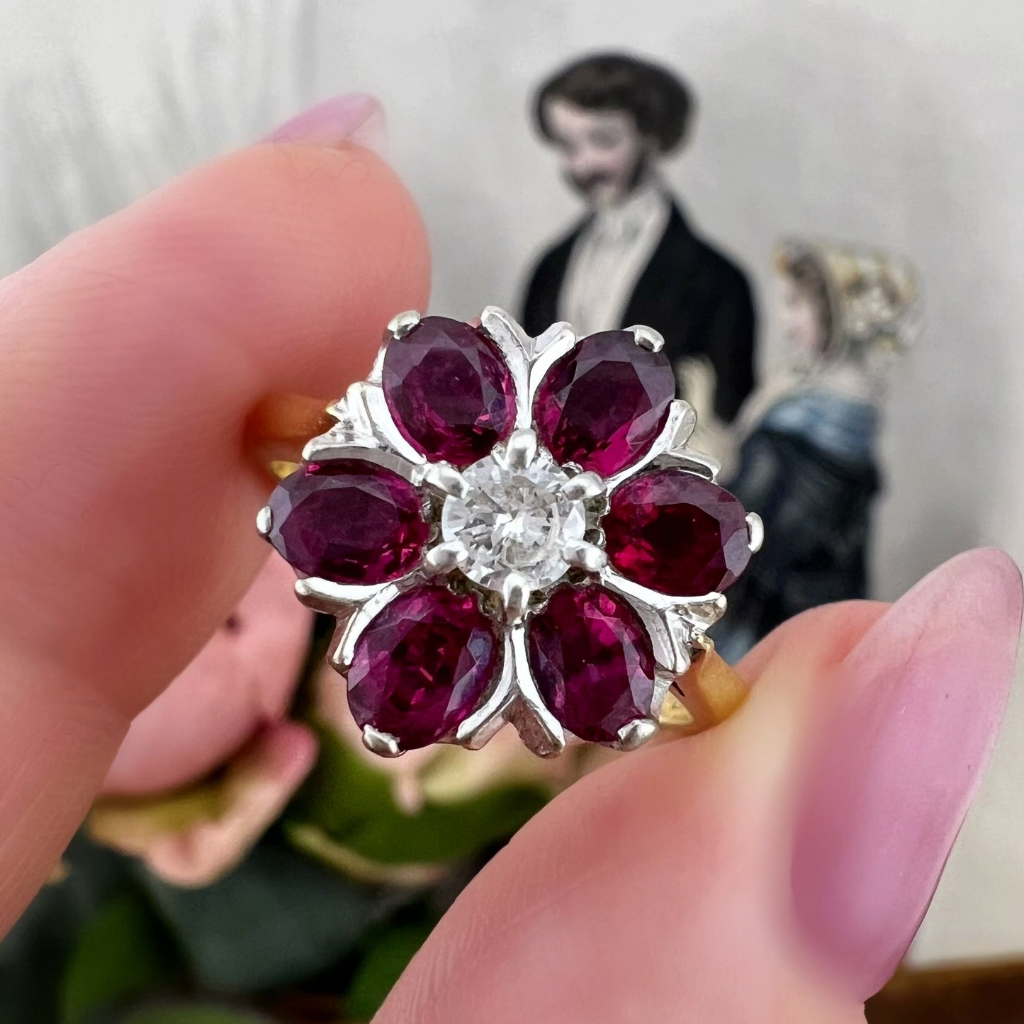 Anello Margherita in oro 18 kt, platino, diamante taglio Vecchia Europa e rubini naturali – Londra 1964