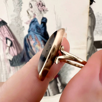 Anello vintage a navette con agata muschiata – USA, circa 1950