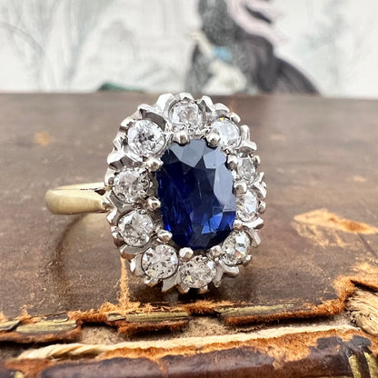 Anello margherita con zaffiro e diamanti old mine – oro giallo 18 k