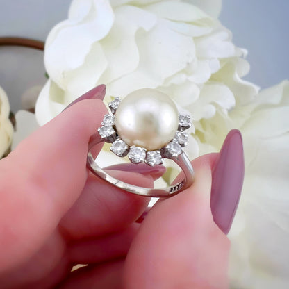Anello Vintage Asprey in Oro Bianco 18 ct con Perla e Diamanti