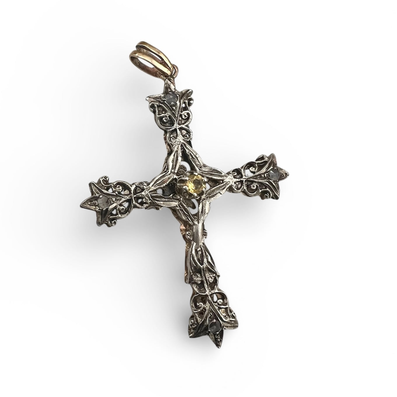 Croce Pendente in Oro e Argento con Topazi e Citrino