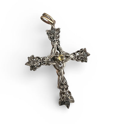 Croce Pendente in Oro e Argento con Topazi e Citrino
