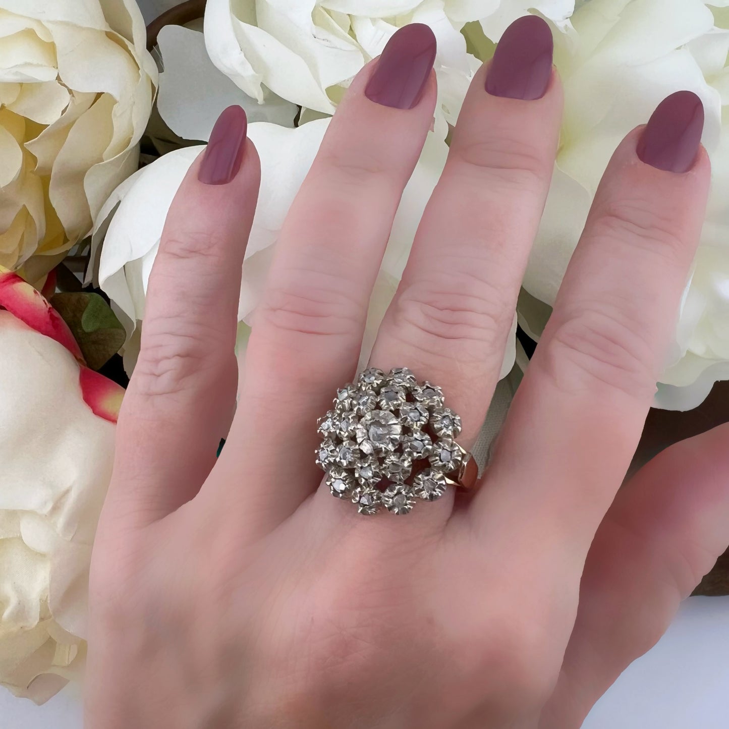 Grande anello Floreale con Rosette di Diamanti – Epoca Tardo Georgiana