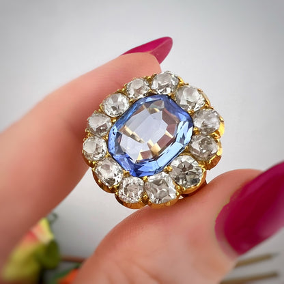 Anello fine ‘800 con zaffiro Ceylon 4.60 ct diamanti old mine 5 ct oro giallo 18k