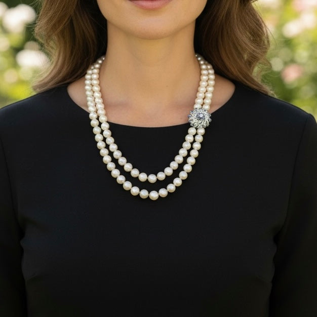 Collana girocollo a due fili di perle Akoya con chiusura in oro bianco 18 kt con diamanti e zaffiri
