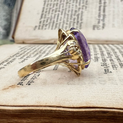 Anello vintage in oro 14k con ametista e diamanti