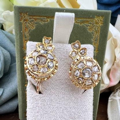 Orecchini antichi a margherita e trifogli i oro giallo 18k e diamanti taglio rosetta