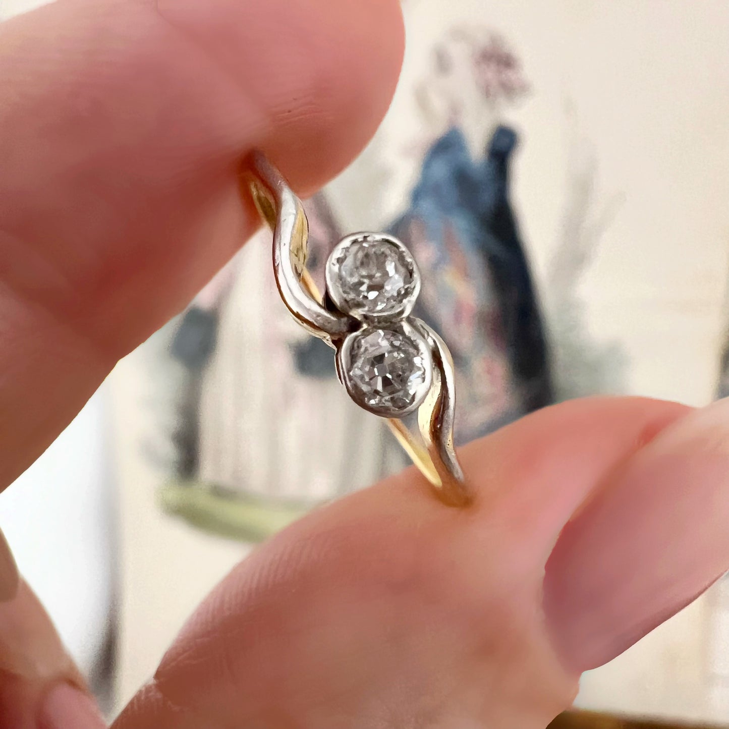 Anello Toi et Moi in oro 18k con diamanti old mine – Nord Europa, anni ’20