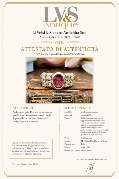 Anello in oro giallo 18 kt con rubino e diamanti