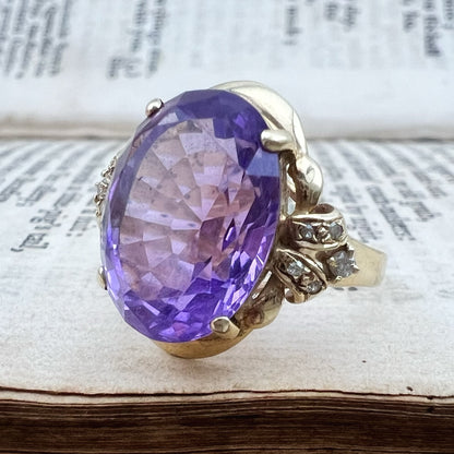 Anello vintage in oro 14k con ametista e diamanti