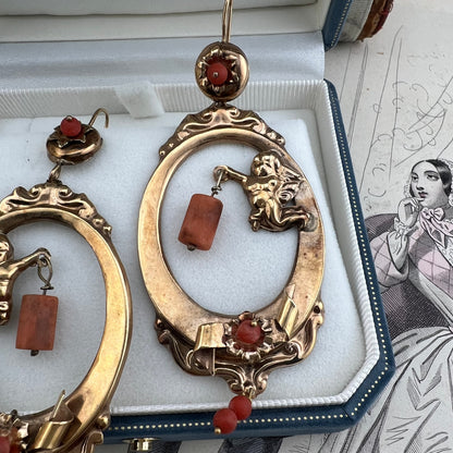 Orecchini Borbonici con Putto e Coralli — Modello Rarissimo, Regno delle Due Sicilie, metà ‘800