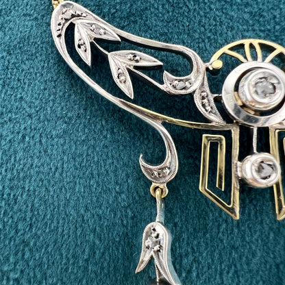 Collana Art Nouveau a négligé in oro 18k diamanti e argento con catena manin a 22k