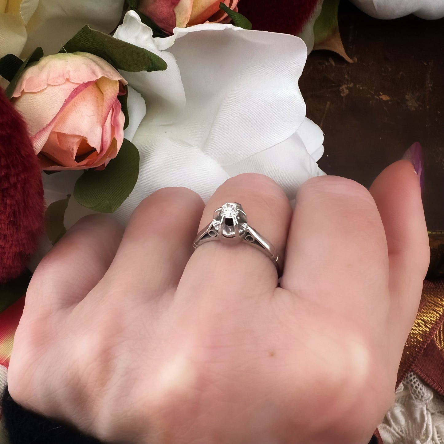 Anello solitario oro 18k diamante 0.15 ct Italia 1920