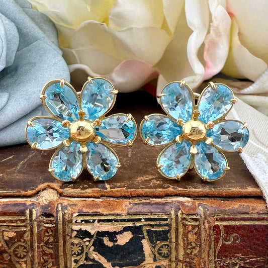 Orecchini vintage a fiore in oro 18 kt con topazi azzurri – Italia anni ’70